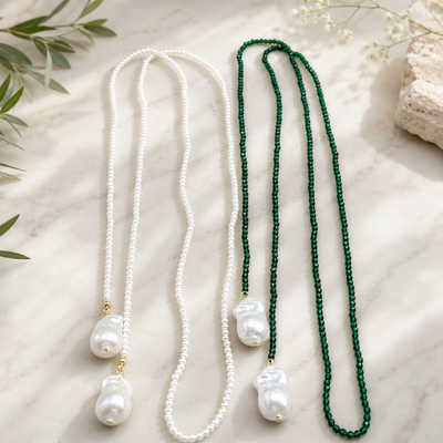 Collar Perla Larg a (perla, transpartente, verde o purpura)
