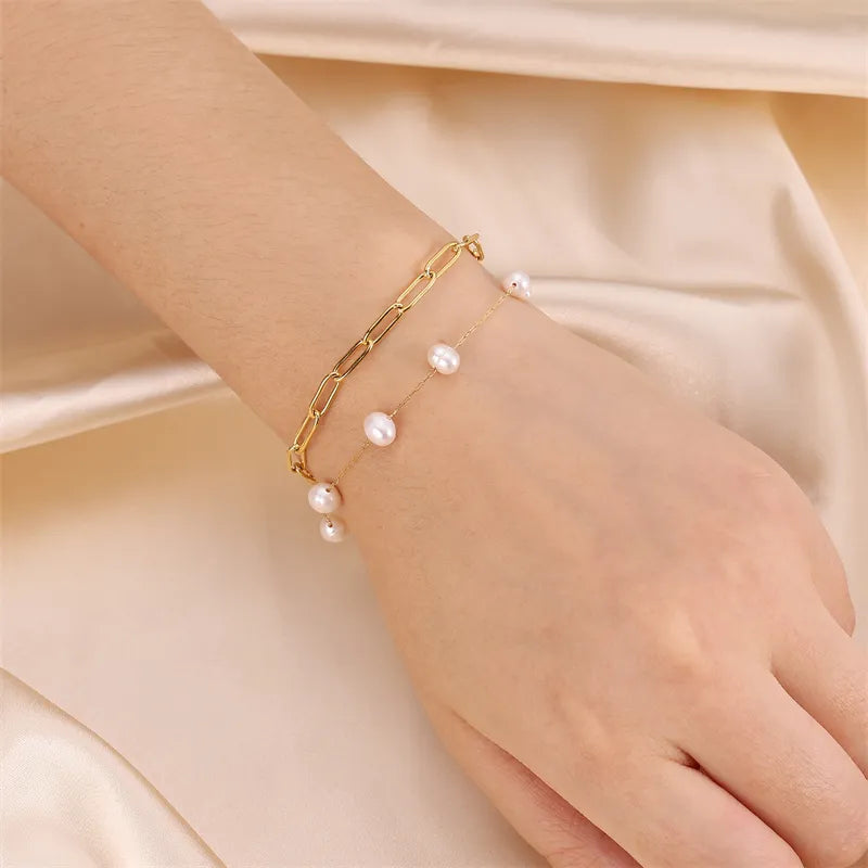 Pulsera doble tipo cartier con perlas