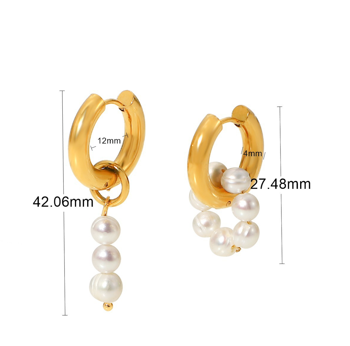 Hoops con Aro y Tira de perlas naturales stainless steal 14k gold plated
